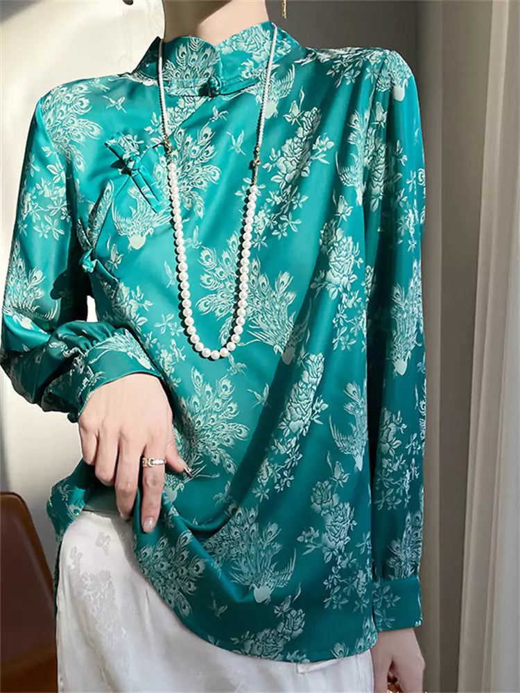 New Chinese Style Turquoise Green Jacquard Satin Blouse for Women
