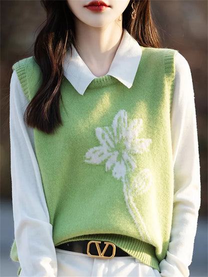 Schwarze Strickweste mit Blumenmuster für Damen