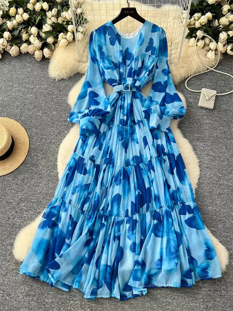 Elegantes, bedrucktes Maxikleid im französischen Stil mit Laternenärmeln für Damen