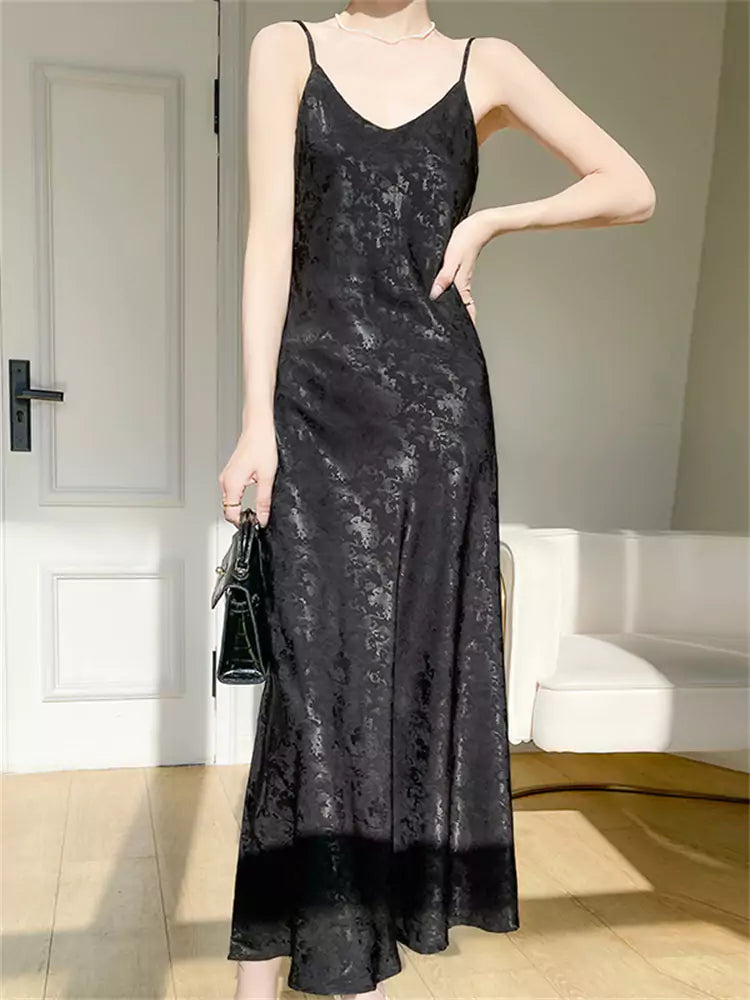 Elegant Blue Silk Slip Dress with Oriental Jacquard and A-Line Silhouette