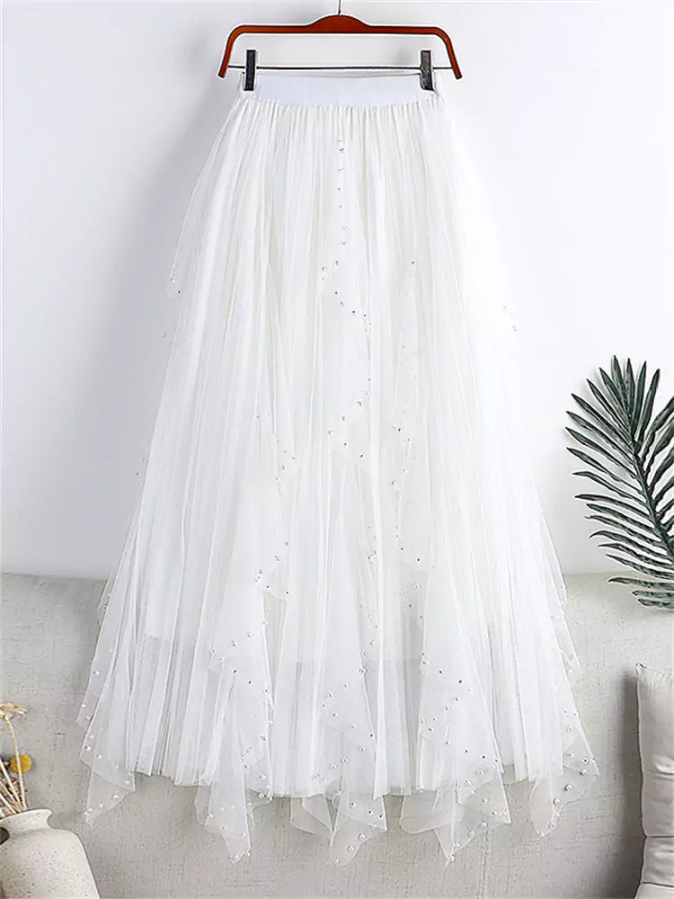 High Waist A-Line Pleated Plus Size Tulle Skirt with Pearl Embellishments