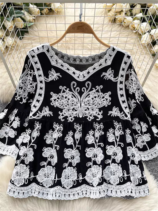 Vintage-Bluse im Boho-Stil, gelb, mit Häkelspitze und 3/4-Ärmeln, für Damen