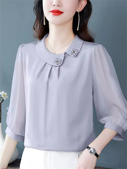 Blusa de seda morera de verano con cuello Peter Pan y mangas 3/4 para mujer