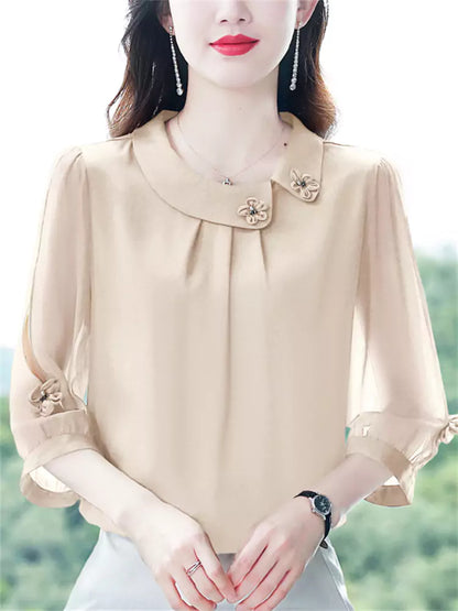 Blusa de seda morera de verano con cuello Peter Pan y mangas 3/4 para mujer