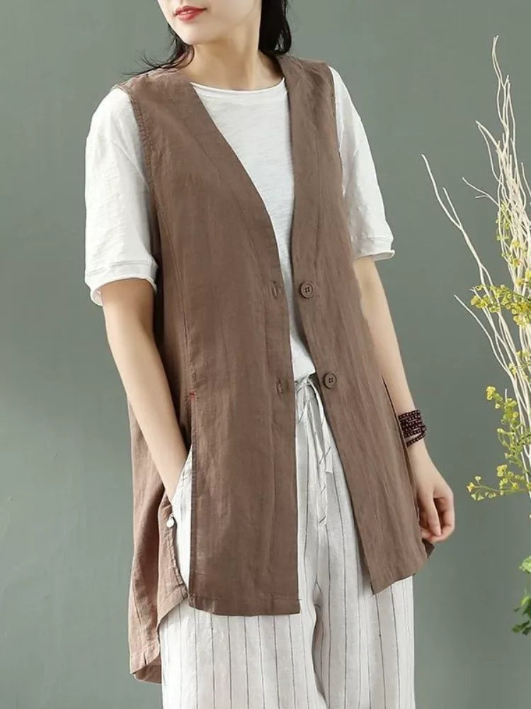 Sleeveless V-Neck Button Vest with Side Slits
