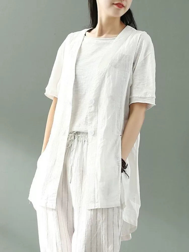 Sleeveless V-Neck Button Vest with Side Slits