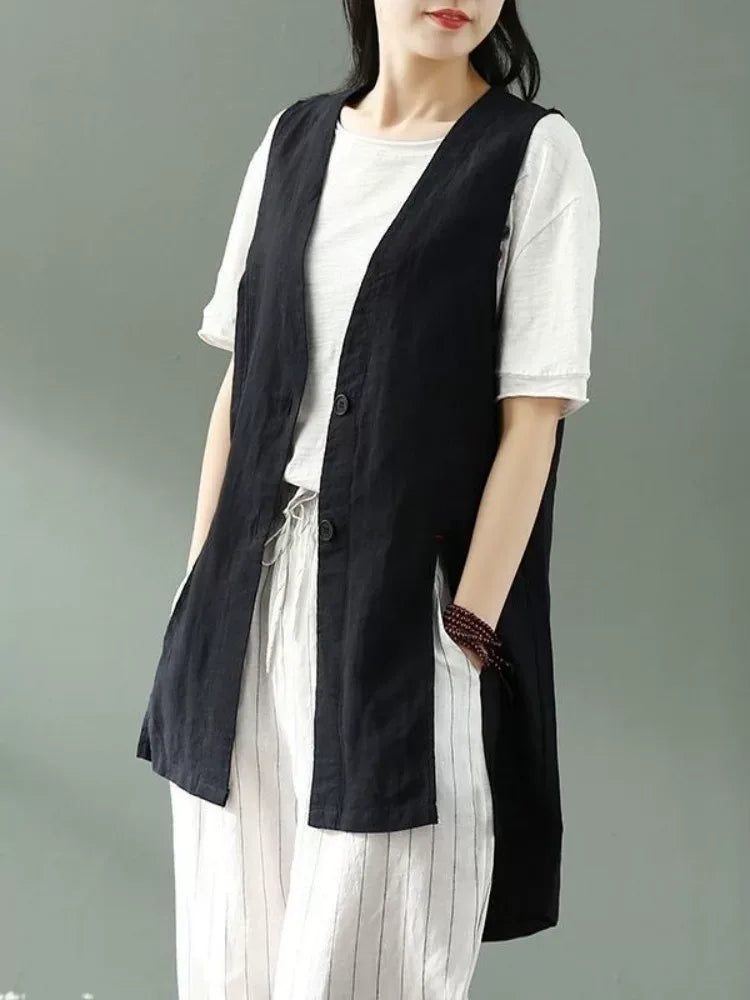 Sleeveless V-Neck Button Vest with Side Slits