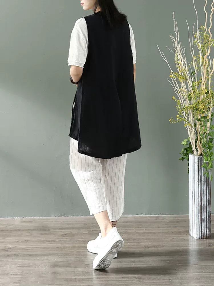Sleeveless V-Neck Button Vest with Side Slits