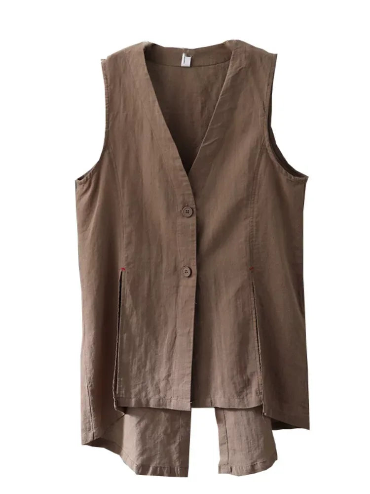Sleeveless V-Neck Button Vest with Side Slits