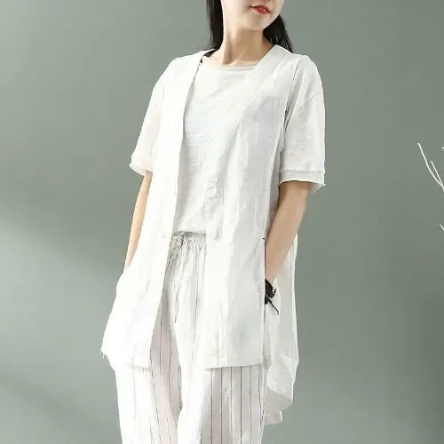 Sleeveless V-Neck Button Vest with Side Slits - White