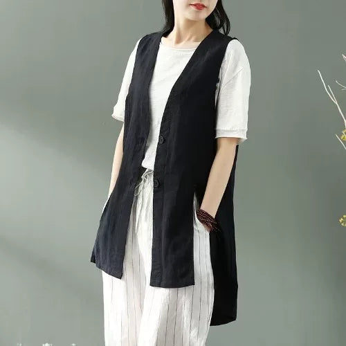 Sleeveless V-Neck Button Vest with Side Slits - Black