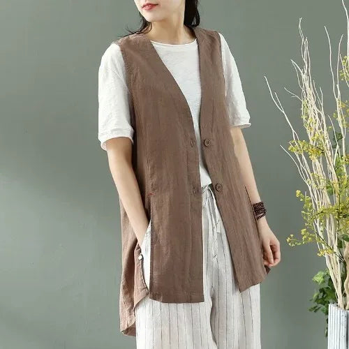 Sleeveless V-Neck Button Vest with Side Slits - Khaki