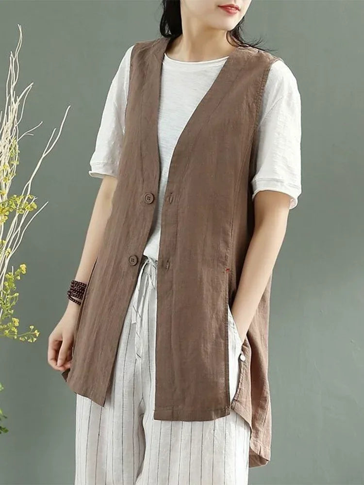 Sleeveless V-Neck Tunic Vest with Side Slits