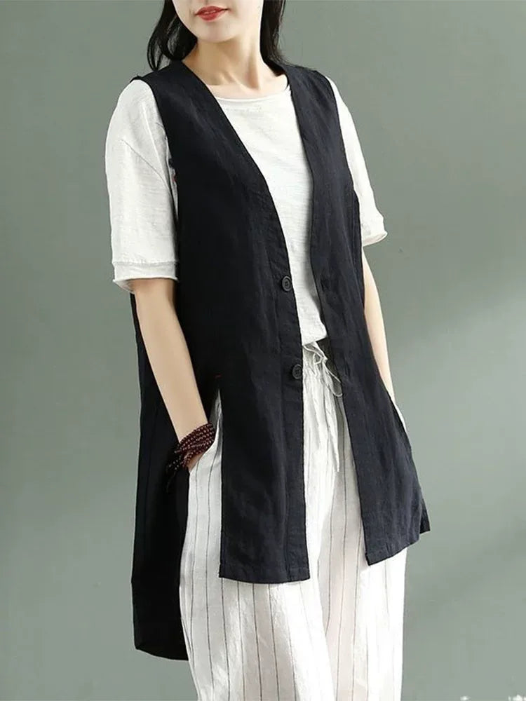 Sleeveless V-Neck Tunic Vest with Side Slits
