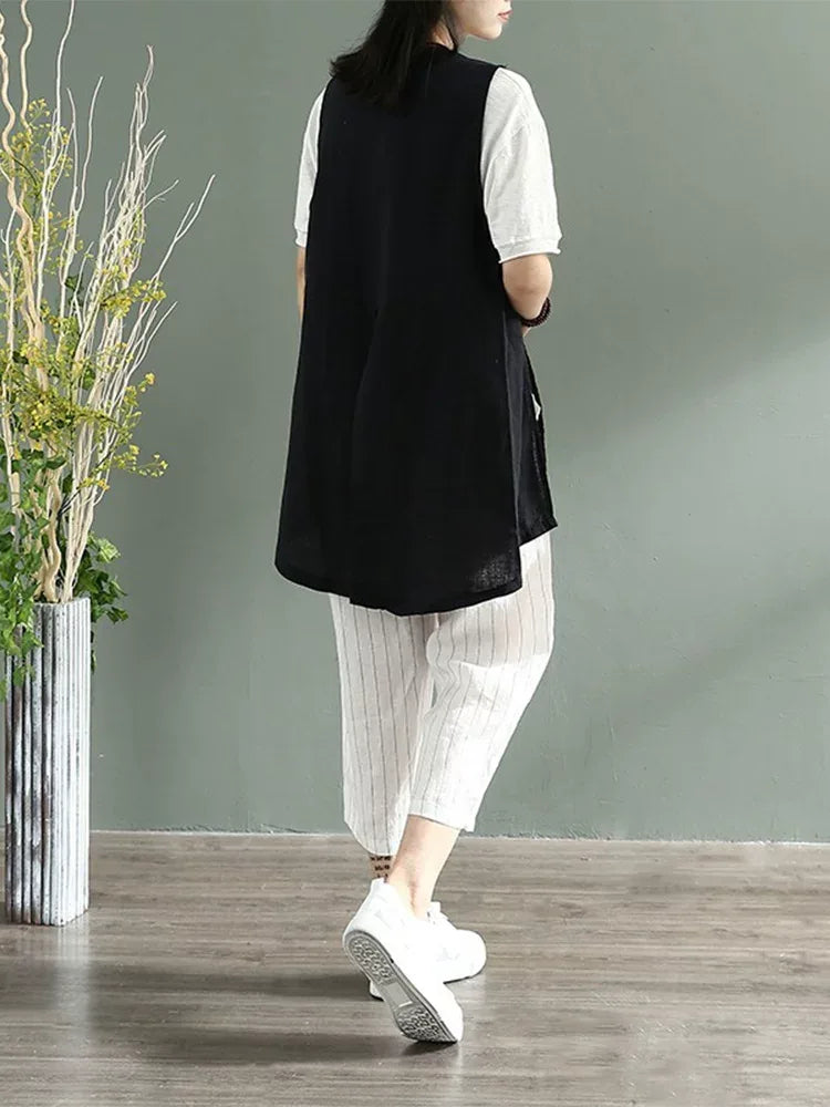 Sleeveless V-Neck Tunic Vest with Side Slits