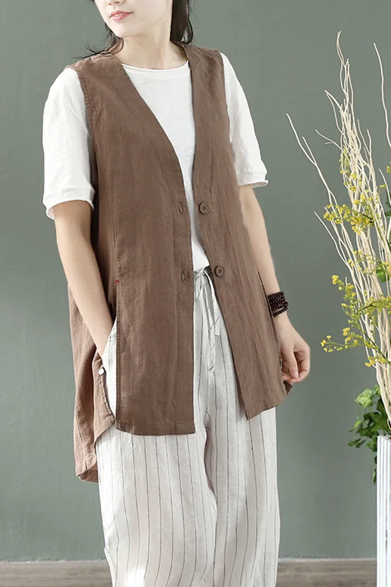 Sleeveless V-Neck Tunic Vest with Side Slits