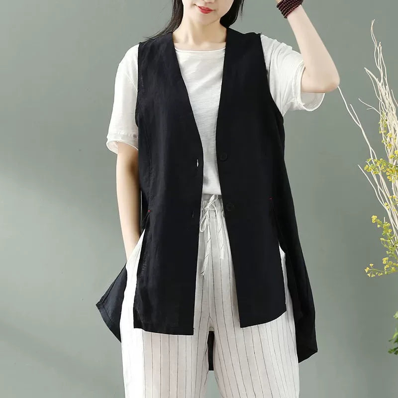 Sleeveless V-Neck Tunic Vest with Side Slits