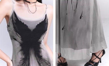 Vestido lencero gris con diseño minimalista y mariposas