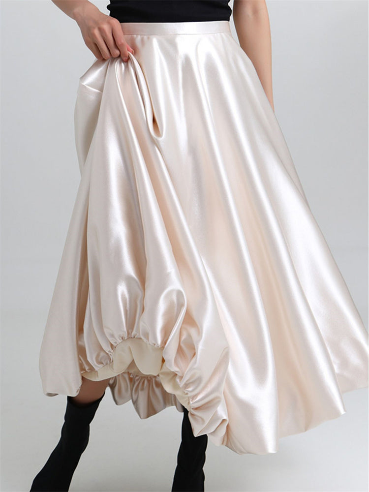 Soft Champagne Satin Pleated Midi Skirt