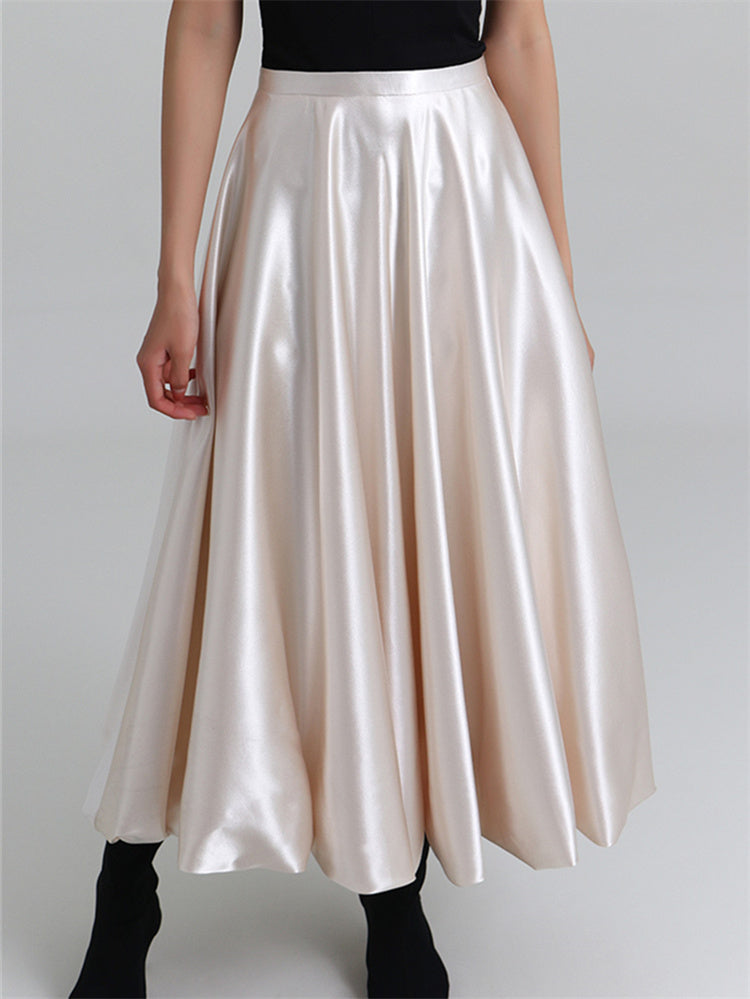 Soft Champagne Satin Pleated Midi Skirt