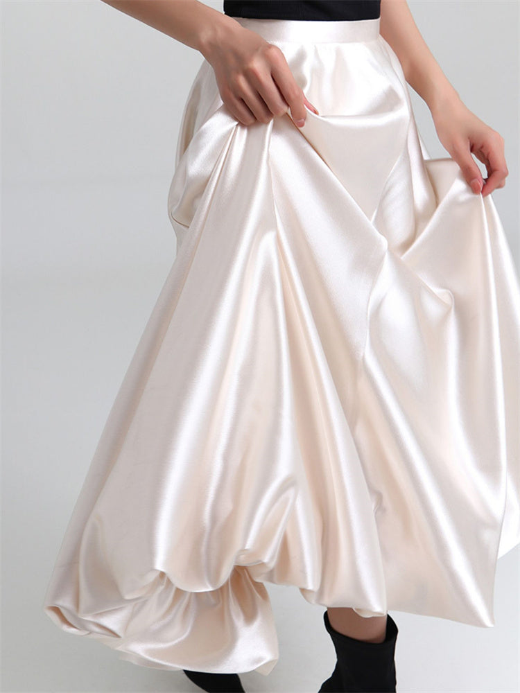 Soft Champagne Satin Pleated Midi Skirt