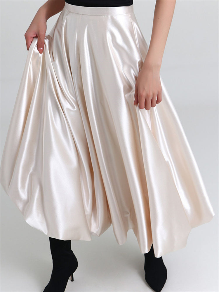 Soft Champagne Satin Pleated Midi Skirt