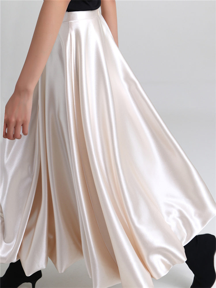 Soft Champagne Satin Pleated Midi Skirt