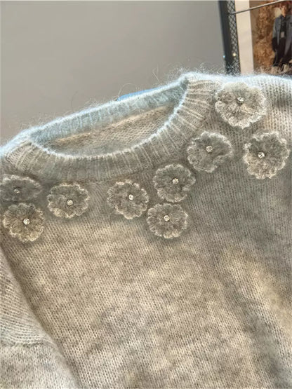 Soft and Cozy Knit Pullover Sweater with Floral Embellishments