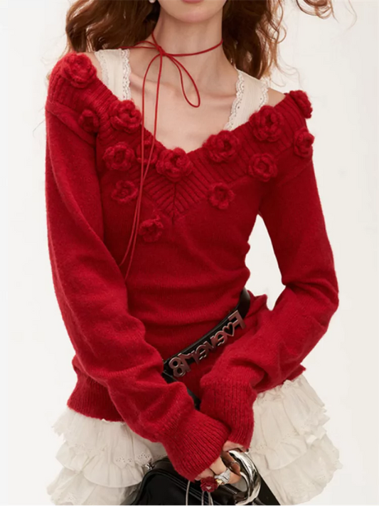 Soft Knit Sweater with Floral Embellishment and Fitted Waist