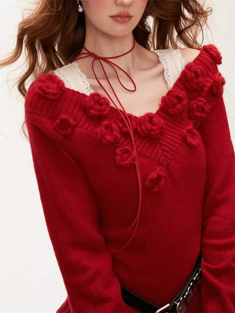 Soft Knit Sweater with Floral Embellishment and Fitted Waist