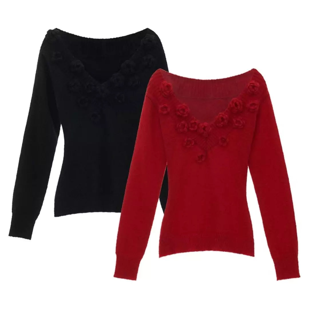 Soft Knit Sweater with Floral Embellishment and Fitted Waist