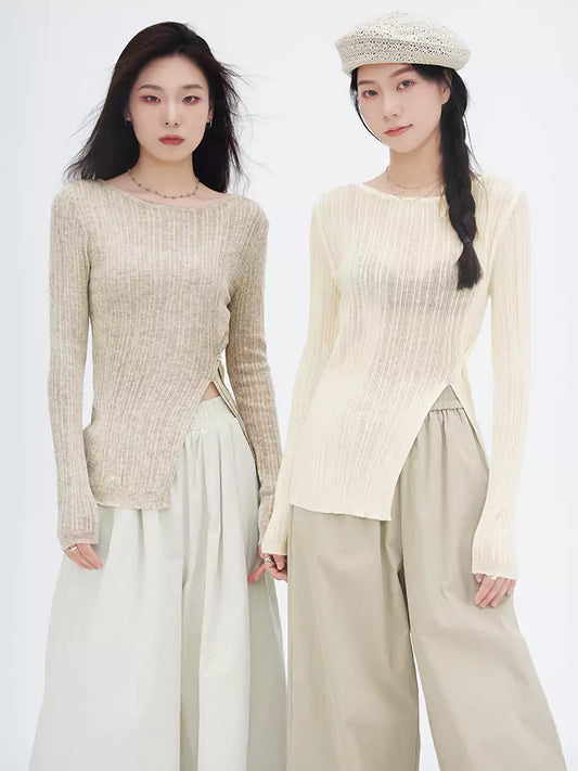 Soft Side Slit Knit Sweater with Diagonal Button-Front