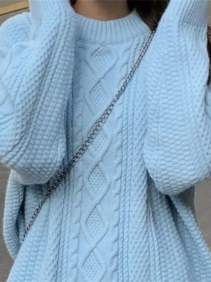 Solid Color Argyle Cable Knit Sweater