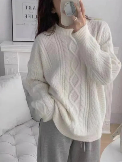 Solid Color Argyle Cable Knit Sweater