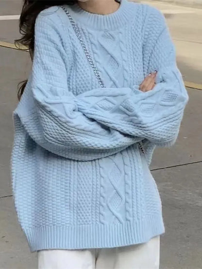 Solid Color Argyle Cable Knit Sweater