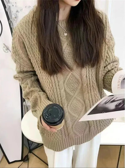 Solid Color Argyle Cable Knit Sweater