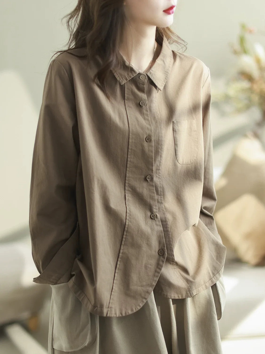 Solid Color Button-Front Long Sleeve Shirt