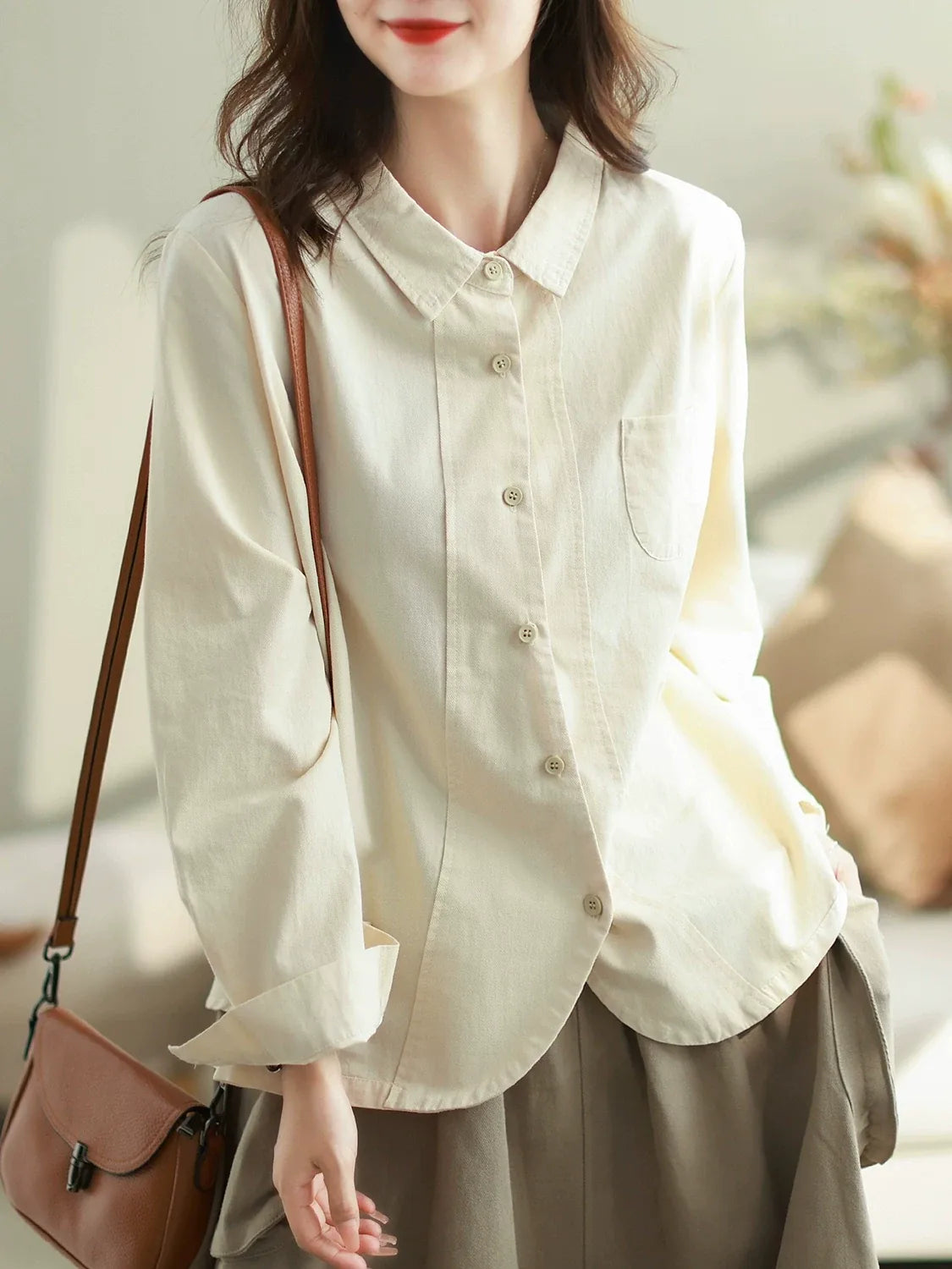 Solid Color Button-Front Long Sleeve Shirt