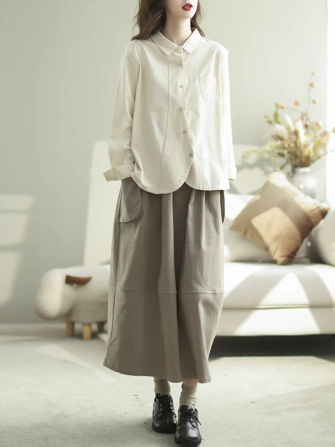 Solid Color Button-Front Long Sleeve Shirt
