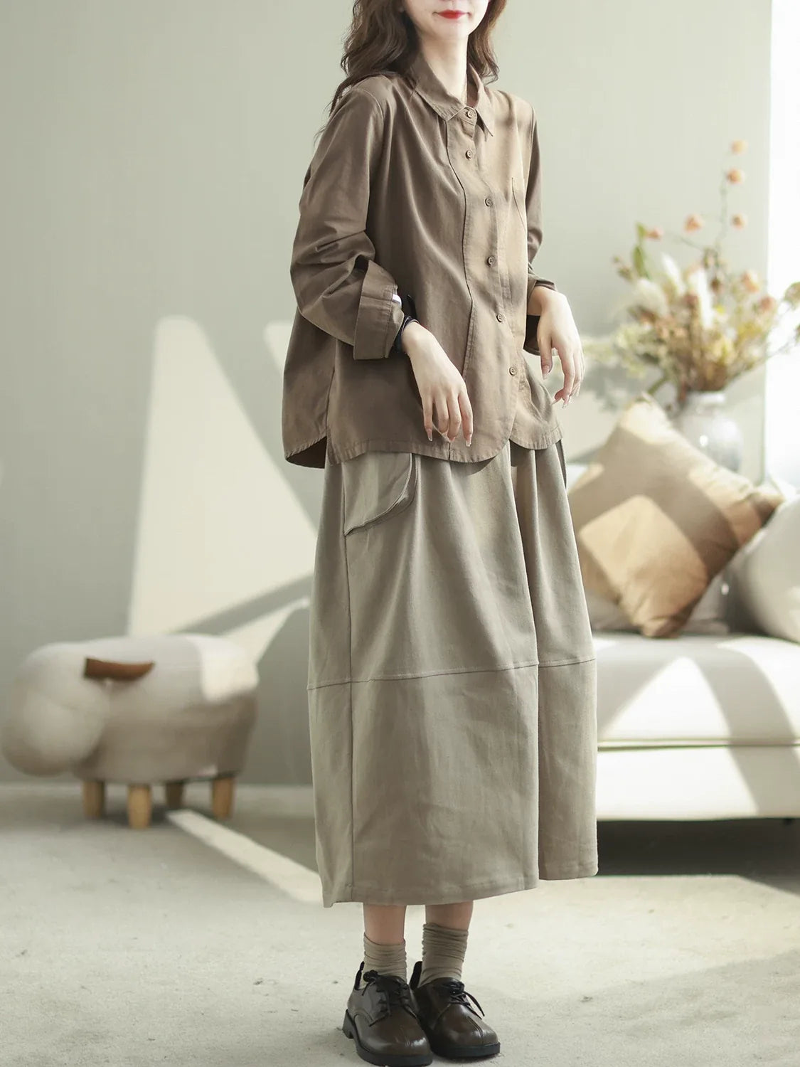 Solid Color Button-Front Long Sleeve Shirt
