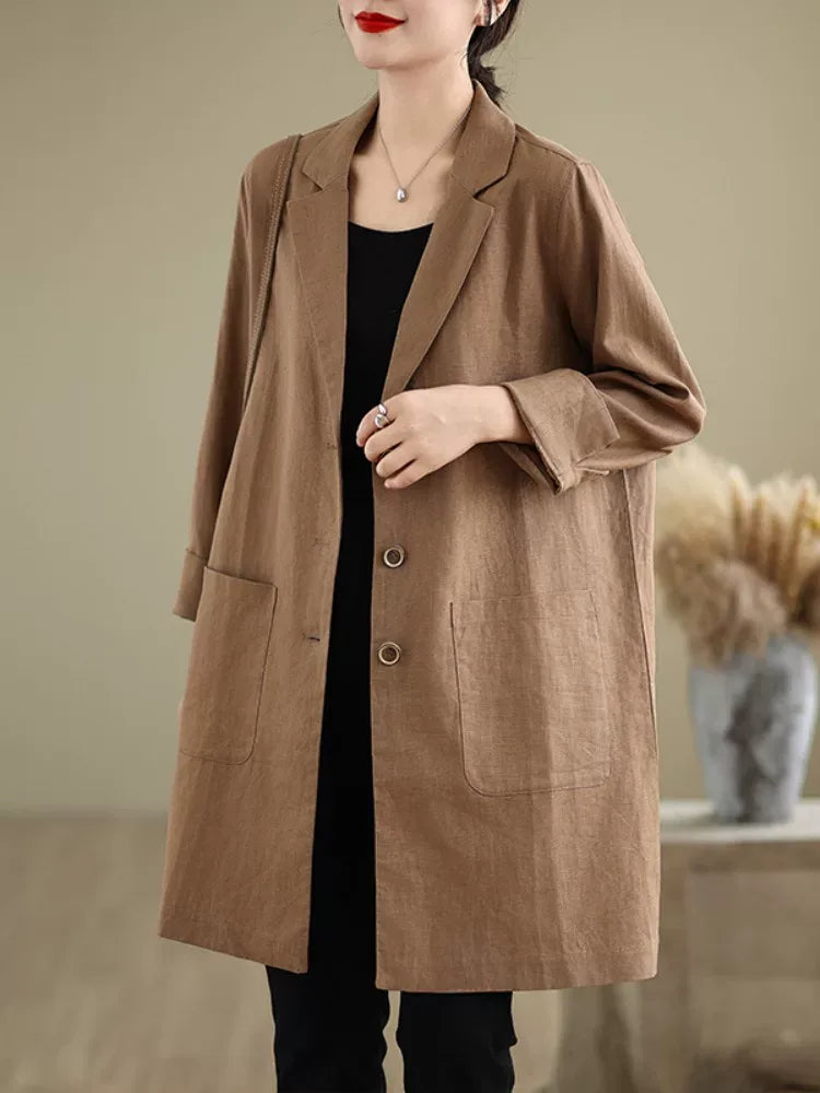 Solid Color Notched Lapel Long Coat with Patch Pockets