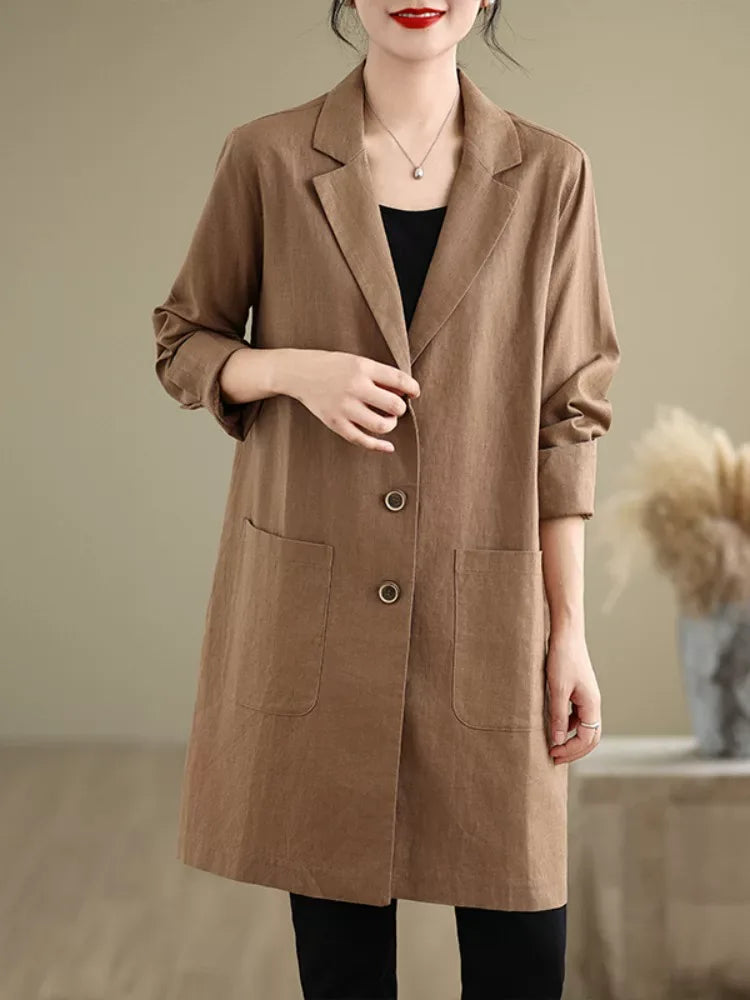 Solid Color Notched Lapel Long Coat with Patch Pockets