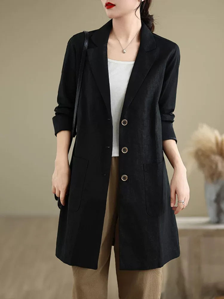 Solid Color Notched Lapel Long Coat with Patch Pockets