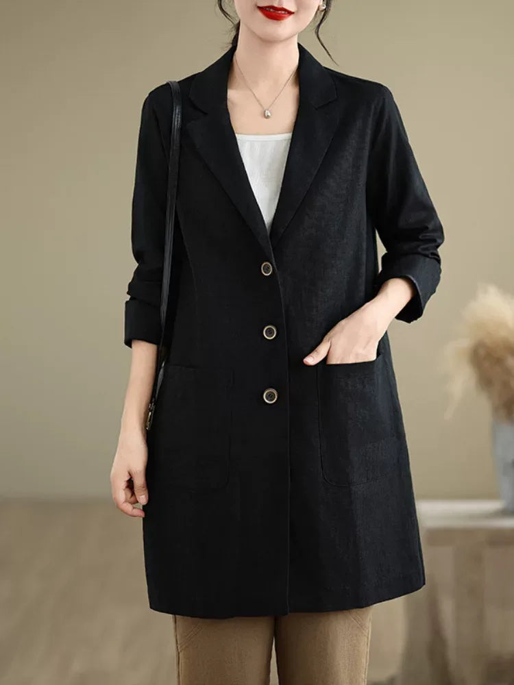 Solid Color Notched Lapel Long Coat with Patch Pockets