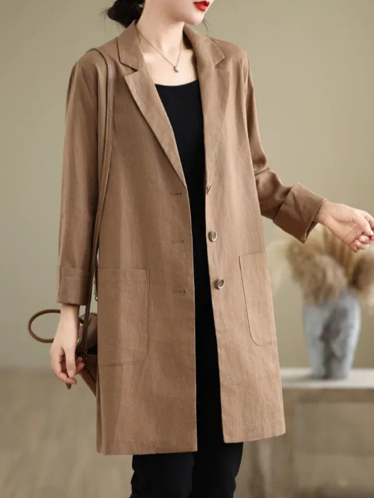 Solid Color Notched Lapel Long Coat with Patch Pockets
