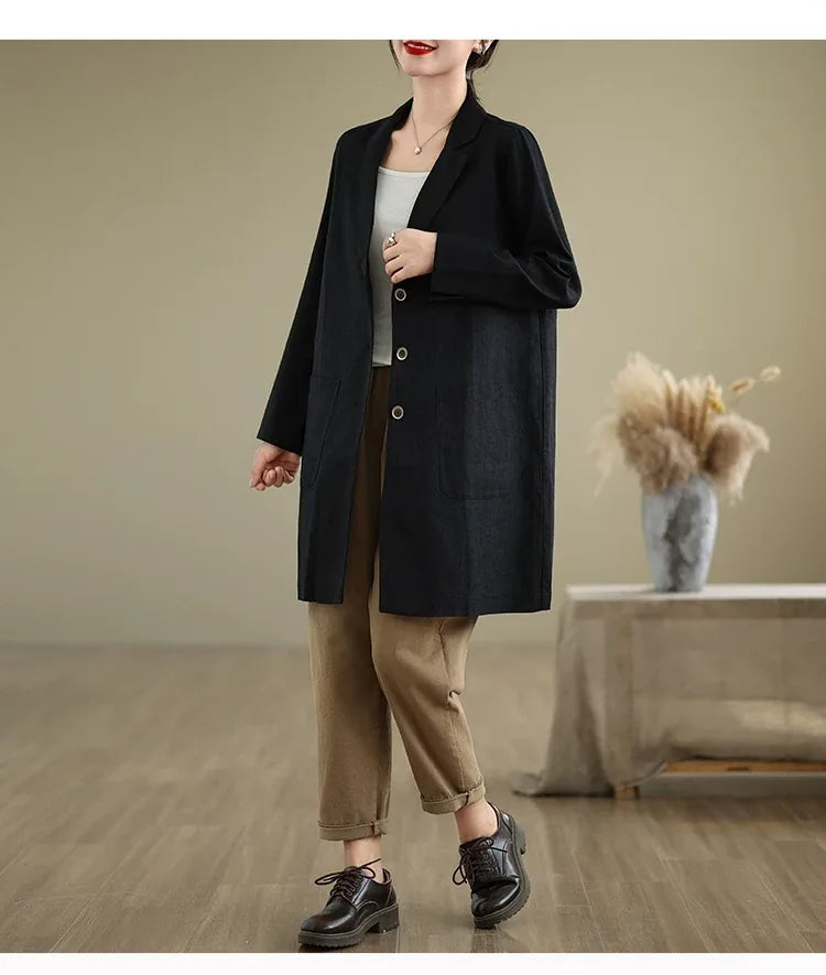 Solid Color Notched Lapel Long Coat with Patch Pockets