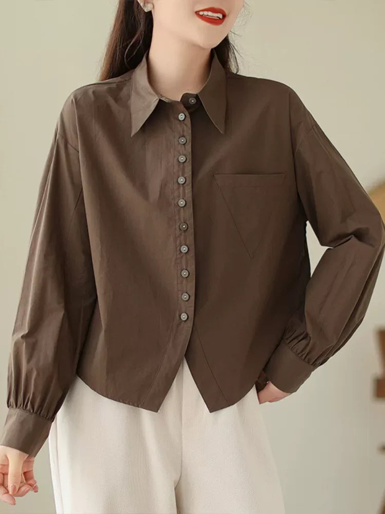 Solid Color Shirt Collar Button Front Patch Pocket Long Sleeve Shirt