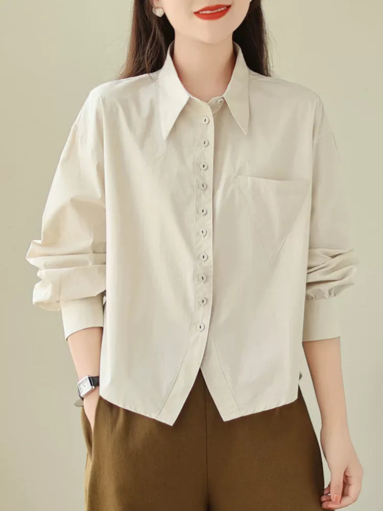 Solid Color Shirt Collar Button Front Patch Pocket Long Sleeve Shirt