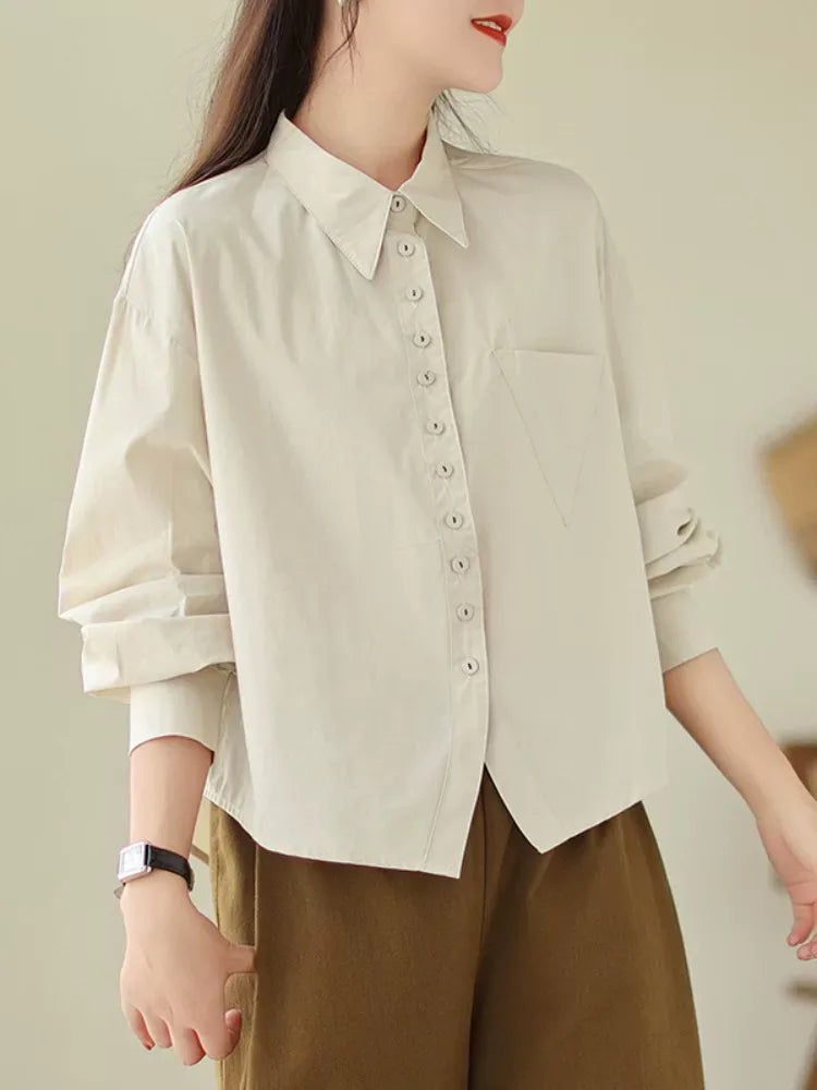 Solid Color Shirt Collar Button Front Patch Pocket Long Sleeve Shirt