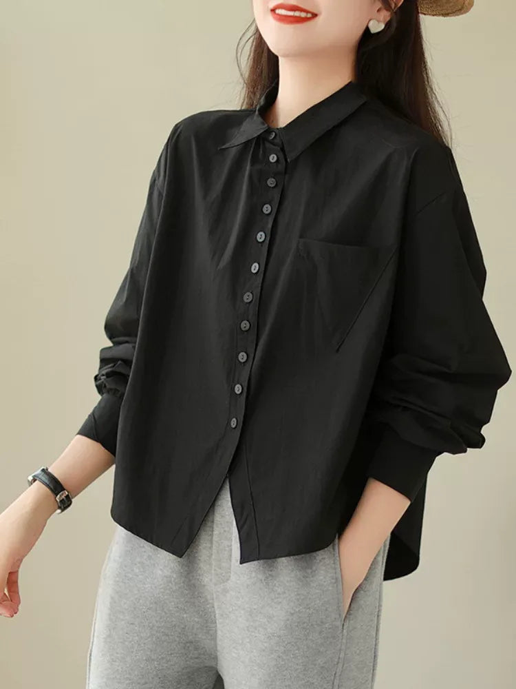 Solid Color Shirt Collar Button Front Patch Pocket Long Sleeve Shirt